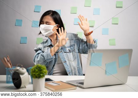 Don't Touch Me. Asian Woman Wearing Protective Face Mask Panic Disgusted And Showing Hand Stop Sign 