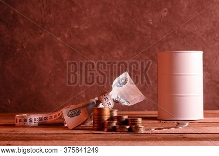 Financial Crisis Of Oil. Currency Fall. Red Background