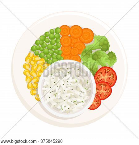 Plate With Rice And Vegetables Top View. Vestor. Asian Food.