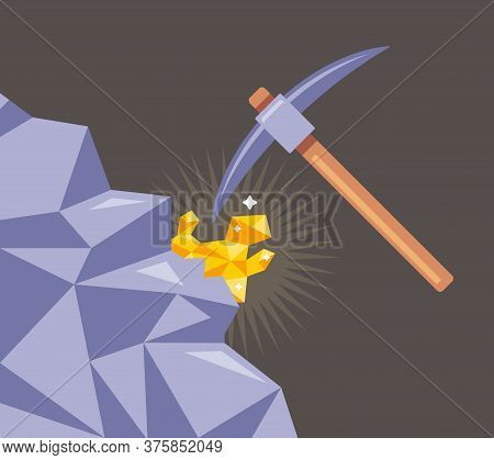 Mining Of Gold From Rocks. Cut The Mineral With A Pickaxe From The Stone. Flat Vector Illustration.