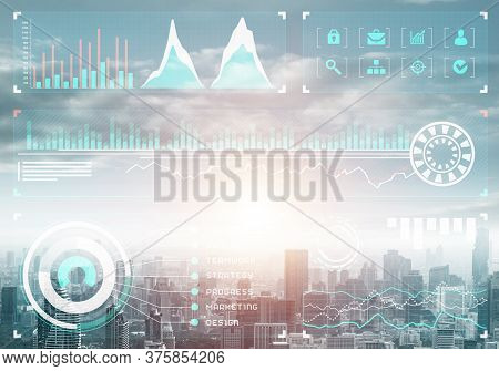 Stock Market Charts On Background Of Financial District Of Megapolis City. Digital Economy And Tradi