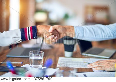 Two middle age business workers smiling happy and confident. Working together with smile on face using laptop doing handsake at the office