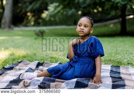 Portrait Of Little Cute Happy African Girl In Blue Dress, Sitting On Checkered Blanket In Summer Par