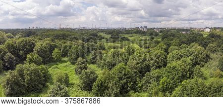 Aerial Panorama Over Oude Landen Nature Park In Ekeren, With Village And Harbor In The Distance. Tra