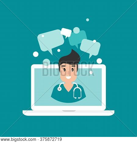 Man Doctor On The Laptop Screen. Medical Internet Consultation.
