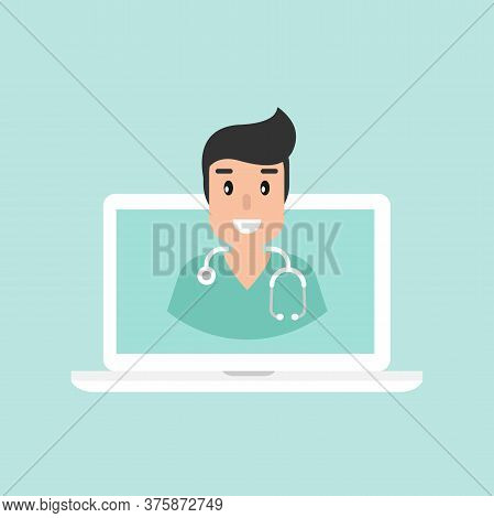 Man Doctor On The Laptop Screen. Medical Internet Consultation.