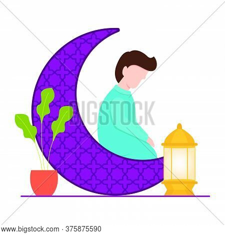 Illustration Of A Muslim Praying During Ramadan. Vector Illustration