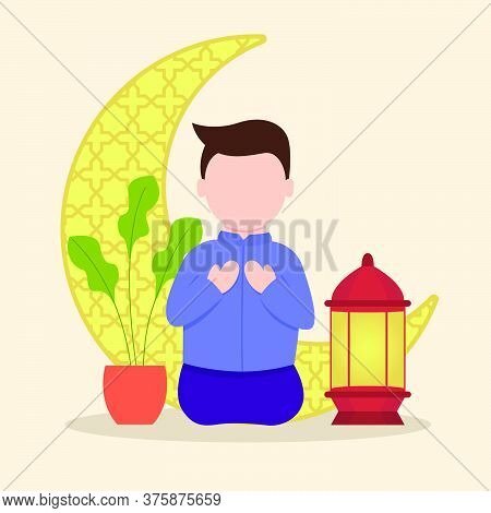 Illustration Of A Muslim Praying During Ramadan. Vector Illustration