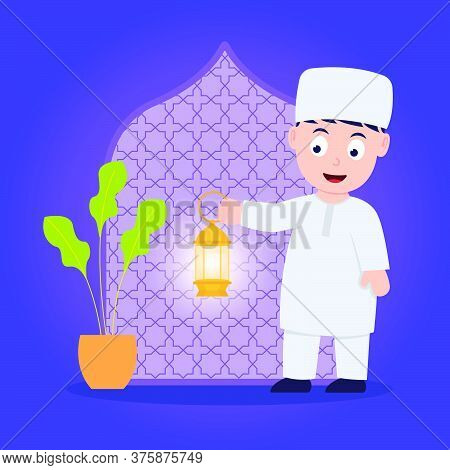 Illustration Of Muslim Kids Holding Lantern. Ramadan Kareem Illustration With Muslim Kids. Vector Il