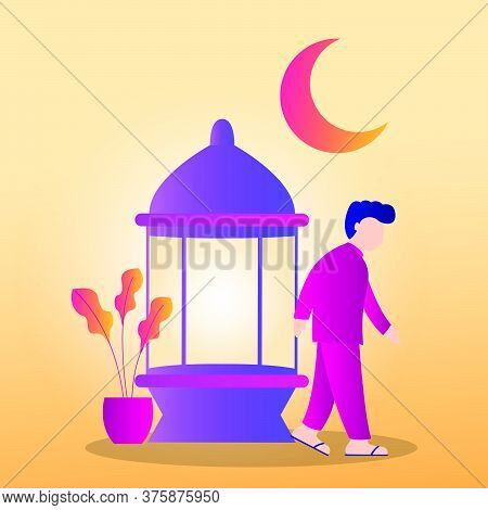 Illustration Of A Muslim Who Is Walking. Ramadan Kareem Illustration. Vector Illustration