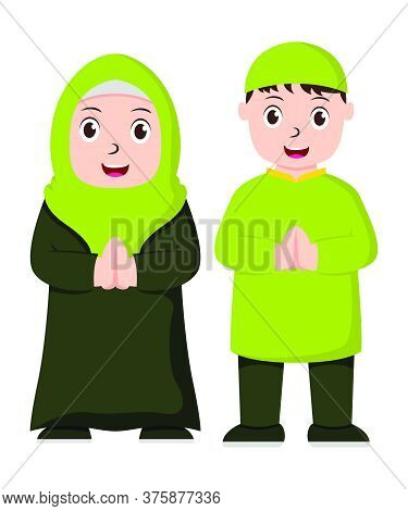 Vector Illustration Graphic Of Eid Mubarak With Muslim Couple. Perfect For Ramadan Poster. Vector Il