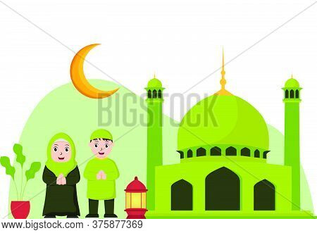 Vector Illustration Graphic Of Eid Mubarak With Muslim Couple. Perfect For Ramadan Posters, Ui, Ux. 