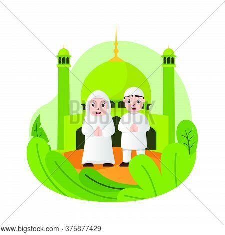 Vector Illustration Graphic Of Eid Mubarak With Muslim Couple At The Mosque. Perfect For Ramadan Pos