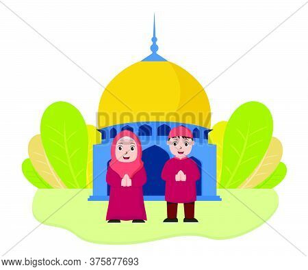 Vector Illustration Graphic Of Eid Mubarak With Muslim Couple At The Mosque. Perfect For Ramadan Pos