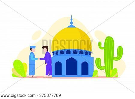 Vector Illustration Graphic Of Eid Mubarak With Muslim Couple At The Mosque. Perfect For Ramadan Pos