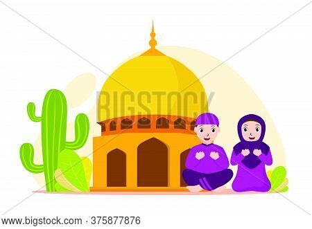 Vector Illustration Graphic Of Eid Mubarak With Muslim Couple At The Mosque. Perfect For Ramadan Pos