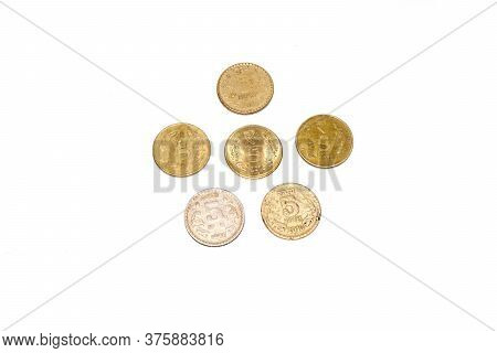 Indian Circulating Coins Collection On Isolate White Background.