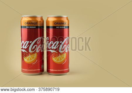 Samut Prakan, Thailand - July 11, 2020 : Canned Coke No Sugar Orange Flavoured The Most Popular Beve