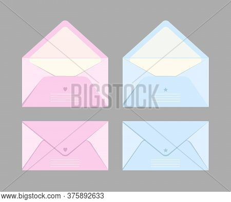 Vector Set Of Isolated Postal Envelopes And Postcards With Postage Stamps. The Concept Of Sending An