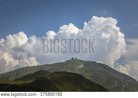 Mountain Peak Popivan (pip Ivan, Pop Iwan) With Abandoned Old Observatory Building On Top In Rainy W