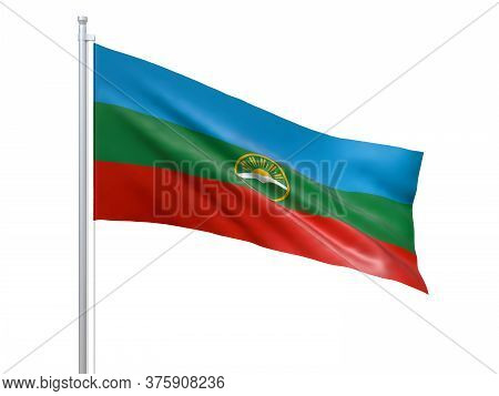 Karachay-cherkessia Republic (federal Subject Of Russia) Flag Waving On White Background, Close Up, 