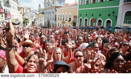 Salvador, Bahia / Brazil - December 4, 2019: Devotees Of Santa Barbara And Candombe Supporters Celeb