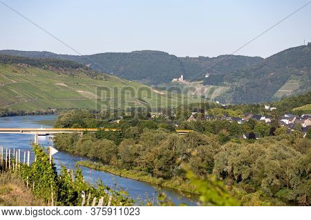 Scenic View On River Moselle Valley Nearby Village Muelheim With Vineyard In Foreground