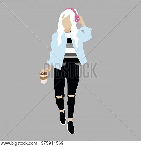 Woman In Headphones Listening To Music While Walking. She Has Coffee In Her Hands. Modern Flat Vecto