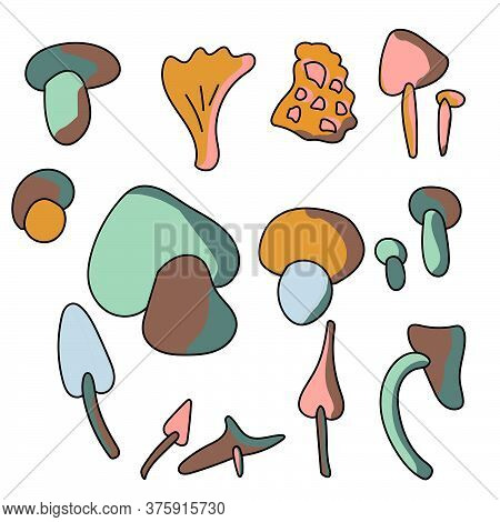 Set Of Cute Colored Doodle Mushroom, Hand Draw Vector Ilustration, Autumn Objects For Design And Cea