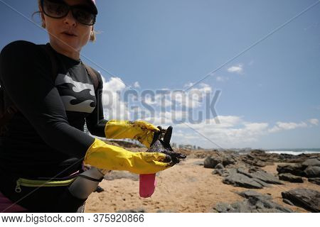Salvador, Bahia / Brazil - October 13, 2019: Volunteers Clean Up Oil At Jardim De Alah Beach, The Si