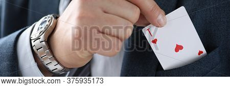 Man Suit Takes An Ace Card From His Jacket Pocket. One-sided Advantage And Benefit. Technique Or Man