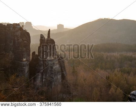 Rocky Columns At Blosstock Rock And Far Falkenstein Seen From Affensteine  Viewing Point In Saxony S