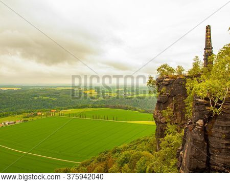 Memorial Obelisk On Top Of Lilienstein Mountain In Saxon Switzerland, Germany
