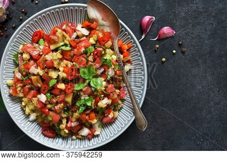 Spicy Salad Of Baked Eggplant, Peppers And Tomatoes. Eggplant Caviar. Village Ratatouille.