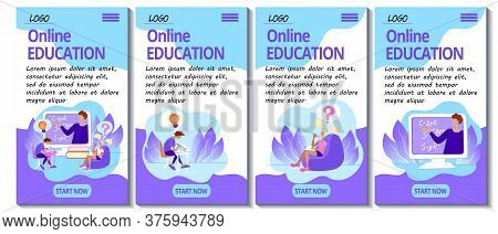 Set Of 4 Mobile App Page Templates. Mobile Version Of The E-learning Site. Home Education Concept. T
