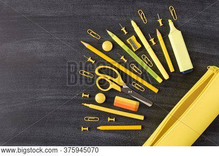 Top Above Overhead View Photo Of Set Yellow Stationery And Pencil Box Placed To The Right Side Isola