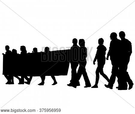 People whit flaf and banner on street. Isolated silhouettes of people on a white background
