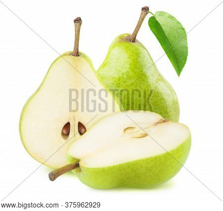 Isolated Green Pears. One Whole Pear Fruit And One Cut In Halves Isolated On White Background