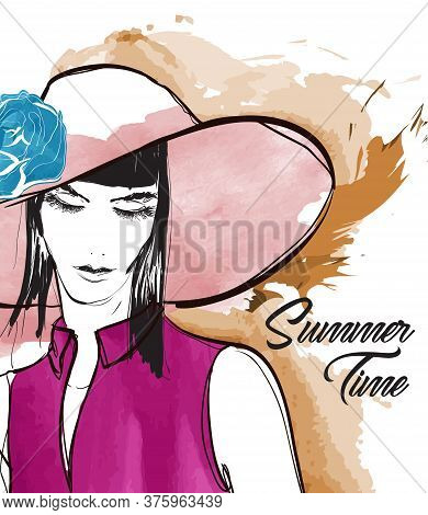 Hand Drawn Beautiful Young Woman With Flower On A Hat. Cute Girl With Long Hair. Sketch. Vector Illu