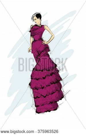 Beautiful Young Woman In Modern Style. Hand Drawn Stylish Woman Portrait. Fashion Lady. Festive Outf