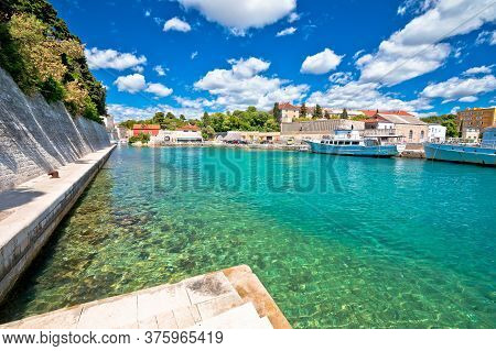 Zadar. Historic Fosa Harbor Bay In Zadar Boats And Architecture Colorful View, Dalmatia Region Of Cr