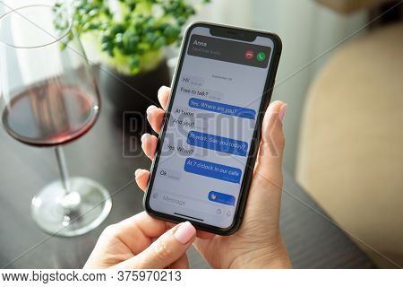 Alanya, Turkey - July 10, 2020: Woman Hand Holding Iphone 11 With Phone Call Widget On The Home Scre