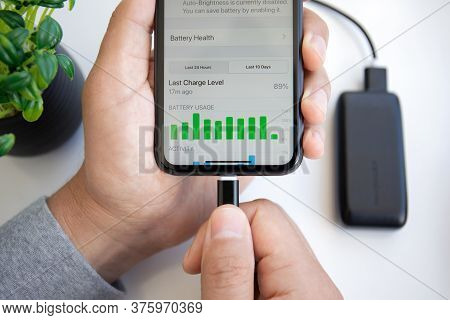 Alanya, Turkey - May 28, 2020: Man Hand Holding Powerbank Ravpower And Iphone 11 With App Battery On
