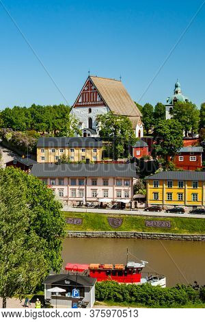 Porvoo, Finland - 3 June 2020: Beautiful Panoramic View Of Porvoo Cathedral And Old Town Of Porvoo