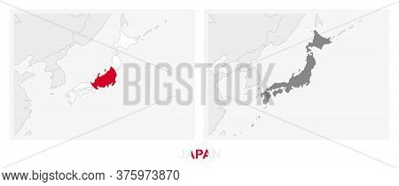 Two Versions Of The Map Of Japan, With The Flag Of Japan And Highlighted In Dark Grey. Vector Map.