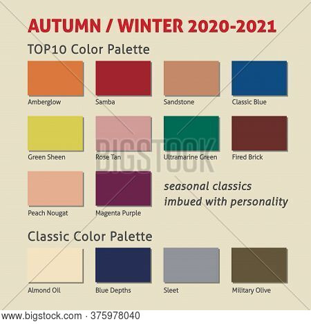 Autumn / Winter 2020-2021 Trendy Color Palette. Fashion Color Trend. Palette Guide With Named Color 