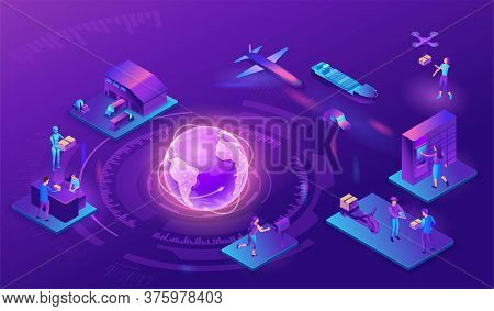 Global Delivery Service Illustration With A Process Of Delivering Parcel, Warehouse With Trucks And 