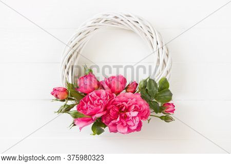 Pink Roses Wreath,  Flat Lay, Floral Composition On White Wooden Board, Empty Space For  Text, Conce