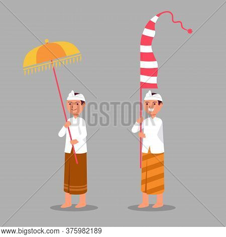 Balinese Boy On Hindu Ritual Parade To The Beach To Perform  Purification Ceremony. Suitable For Hin
