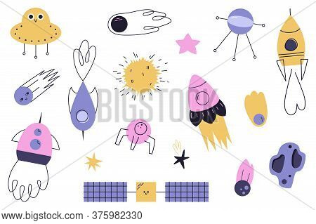 Vector Set Of Cartoon Space Illustrations. Funny Children's Illustrations On The Space Theme. Ufo, R